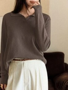 Dazy-Less Casual Business Style Solid Color Sweater, Autumn - Khaki - View 4