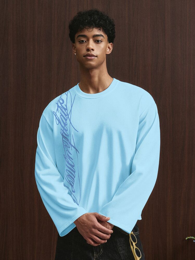 TOKVUE Men's Light Blue Autumn Streetwear Loose Fit Short Sleeve T-Shirt,High-Quality Contrast Color Embroidery,City Break Daily Wear Outings School Gift - Blue - View 5