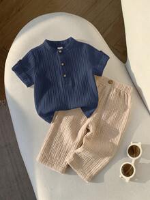 2pcs Babyboy Beige Summer Casual City Break College Style Grey Collared Shirt&Striped Elastic Waist Pants Set,Suitable For Birthday Party&Wedding - Multicolor - View 1