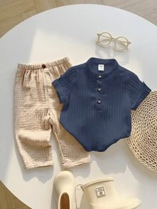 2pcs Babyboy Beige Summer Casual City Break College Style Grey Collared Shirt&Striped Elastic Waist Pants Set,Suitable For Birthday Party&Wedding - Multicolor - View 6