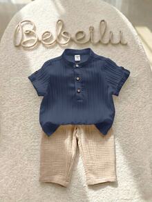 2pcs Babyboy Beige Summer Casual City Break College Style Grey Collared Shirt&Striped Elastic Waist Pants Set,Suitable For Birthday Party&Wedding - Multicolor - View 4