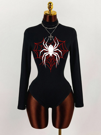 Amplova 95% Cotton Women's Casual Long Sleeve Bodysuit, Spider Print, Summer Clothing, Streetwear, Suitable For Daily Commute, Dating, Gathering, Autumn/Winter, Summer, Party, Wedding, Beach, Graduation Ceremony, Elegant, Casual, Outing, Y2K, Music Festival Outfit, Holiday Clothing, Back To School Outfit