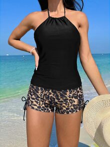 Swim Vcay 女款夏季海灘派對掛脖式分體式比基尼套裝 黑色米色 性感 - 黑色 - 查看 4