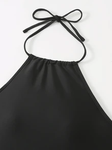 Swim Vcay 女款夏季海灘派對掛脖式分體式比基尼套裝 黑色米色 性感 - 黑色 - 查看 9