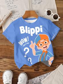 Blippi X SHEIN Young Boy Cartoon Print Crew Neck Short Sleeve T-Shirt Casual - White - View 1