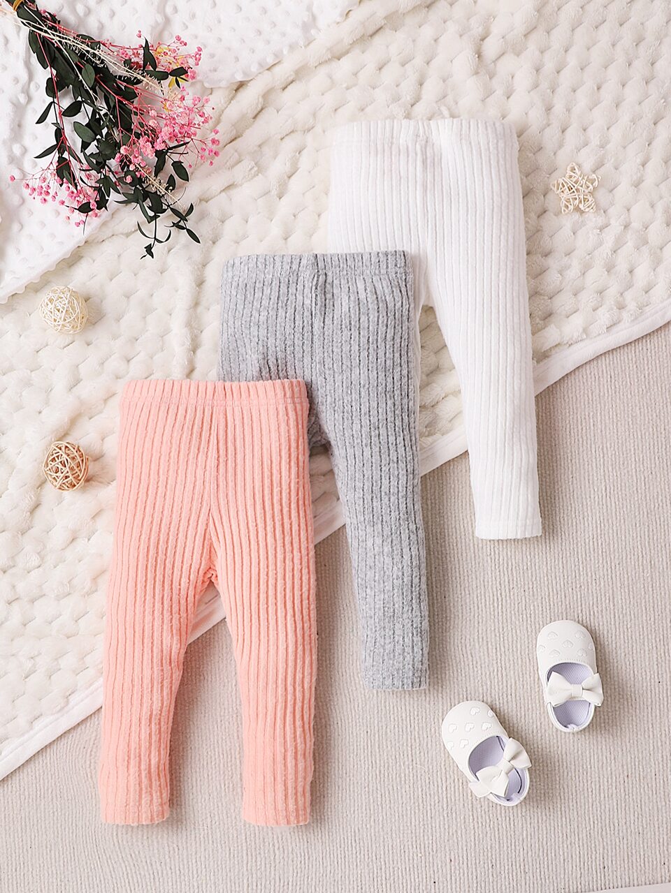 Baby Girl 3pcs Cute Ribbed Knit Solid Color Elastic Waist Leggings, Comfy Soft Cotton Long Pants Versatile For Everyday Casual Wear
