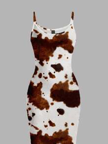 SHEIN EZwear 白色動物印花夏季性感夜店風乳牛紋緊身細肩帶長洋裝，西部牛仔女郎風，適合音樂節、春假、Coconutgirl - 彩色 - 查看 3