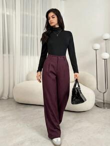 SHEIN Tall 女教師紫色冬季優雅辦公室百褶長褲，附口袋，秋季高腰寬腿褲，寬鬆大碼商務鬆垮下擺，適合高個女性 - 酒紅色 - 查看 5