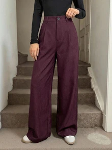 SHEIN Tall 女教師紫色冬季優雅辦公室百褶長褲，附口袋，秋季高腰寬腿褲，寬鬆大碼商務鬆垮下擺，適合高個女性 - 酒紅色 - 查看 4