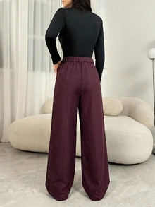 SHEIN Tall 女教師紫色冬季優雅辦公室百褶長褲，附口袋，秋季高腰寬腿褲，寬鬆大碼商務鬆垮下擺，適合高個女性 - 酒紅色 - 查看 3