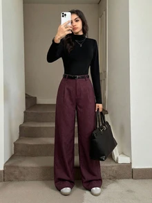 SHEIN Tall 女教師紫色冬季優雅辦公室百褶長褲，附口袋，秋季高腰寬腿褲，寬鬆大碼商務鬆垮下擺，適合高個女性 - 酒紅色 - 查看 6