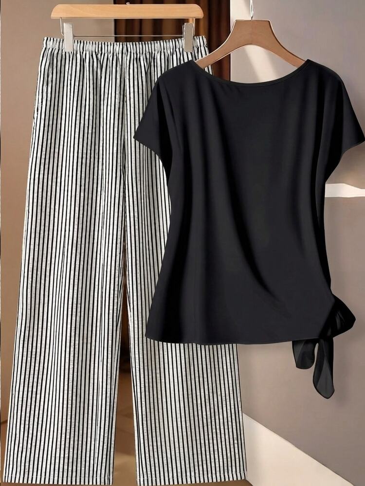 SHEIN Clasi 女士系带衬衫搭配宽松直筒裤两件套，女士裤装套装，女士夏季服装 - 彩色 - 查看 2