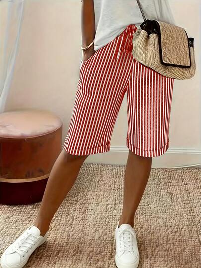 EMERY ROSE Women's Casual Vertical Striped Drawstring Waist Wide Leg Knee Length Shorts With Side Pockets