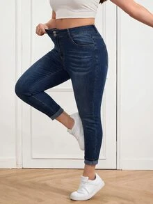 SHEIN Tall CURVE 大尺碼女款休閒百搭牛仔褲，附口袋與鈕扣，適合日常穿著、辦公室穿著、返校季秋季 - 藍色 - 查看 5