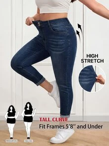 SHEIN Tall CURVE 大尺碼女款休閒百搭牛仔褲，附口袋與鈕扣，適合日常穿著、辦公室穿著、返校季秋季 - 藍色 - 查看 8