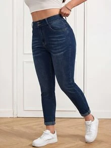 SHEIN Tall CURVE 大尺碼女款休閒百搭牛仔褲，附口袋與鈕扣，適合日常穿著、辦公室穿著、返校季秋季 - 藍色 - 查看 7