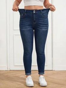 SHEIN Tall CURVE 大尺碼女款休閒百搭牛仔褲，附口袋與鈕扣，適合日常穿著、辦公室穿著、返校季秋季 - 藍色 - 查看 2