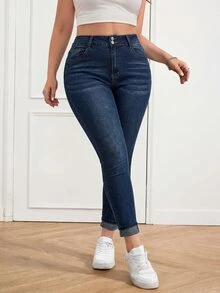 SHEIN Tall CURVE 大尺碼女款休閒百搭牛仔褲，附口袋與鈕扣，適合日常穿著、辦公室穿著、返校季秋季 - 藍色 - 查看 6