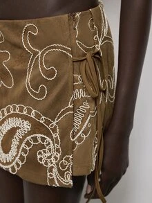 Maija Women's Street Fashion Embroidered Lace-Up Skort,Going Out Outfits, Work Outfits For Women,Fall Clothes - Brown - View 7