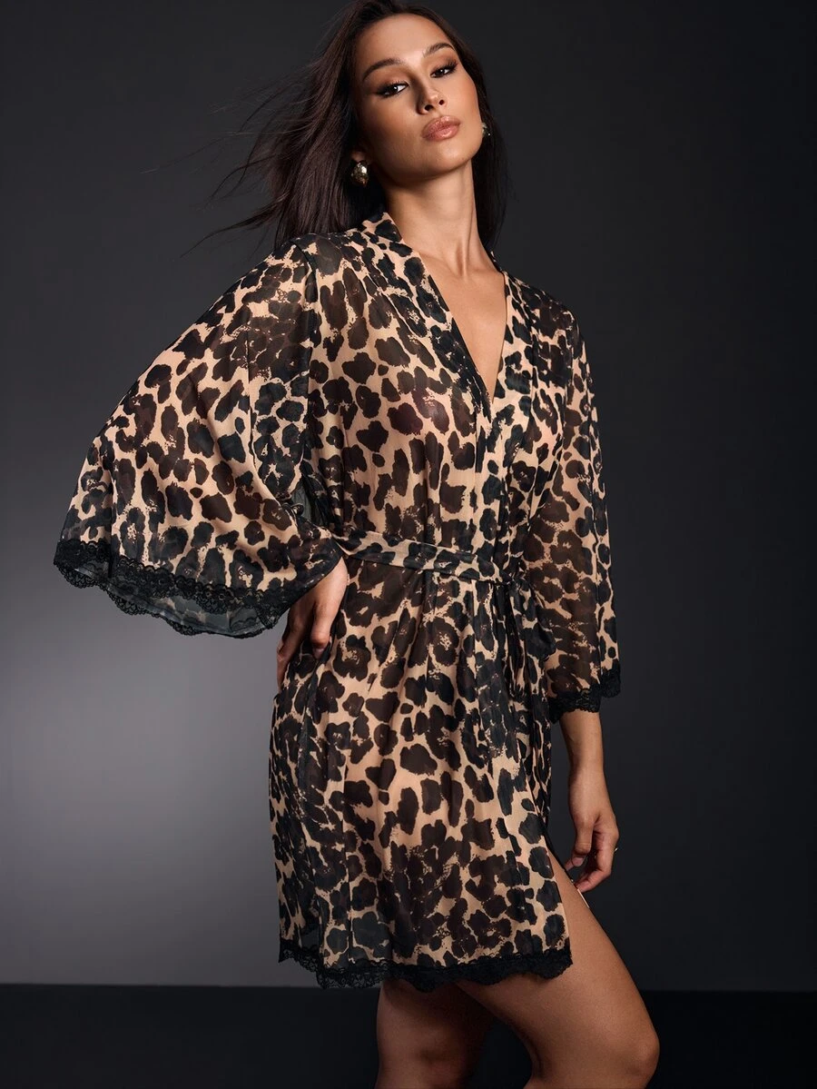 EmpressEnvy Women's Sexy Leopard Print Mesh Fabric Robe With Belted V Neck Flare Sleeve And Contrast Lace Trim - Multicolor - View 1