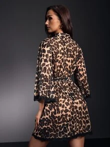 EmpressEnvy Women's Sexy Leopard Print Mesh Fabric Robe With Belted V Neck Flare Sleeve And Contrast Lace Trim - Multicolor - View 3