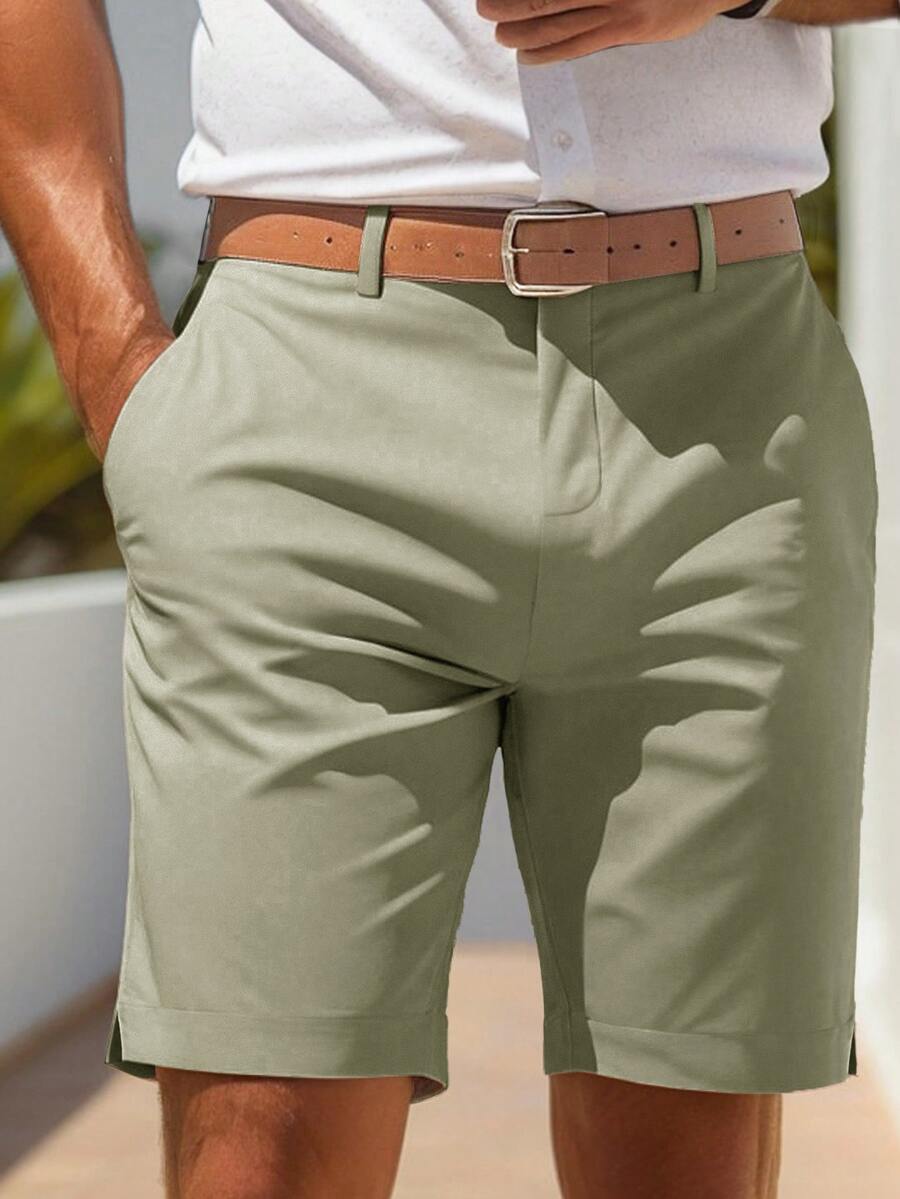 Manfinity Homme Men's Solid Color Casual Shorts With Pockets - Green - View 1
