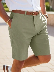 Manfinity Homme Men's Solid Color Casual Shorts With Pockets - Green - View 3