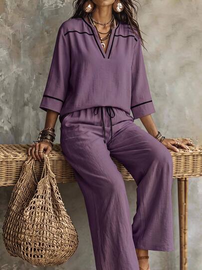 Linhara CURVE Plus Size Vacation Casual Shirt And Pants 2 Pieces Set