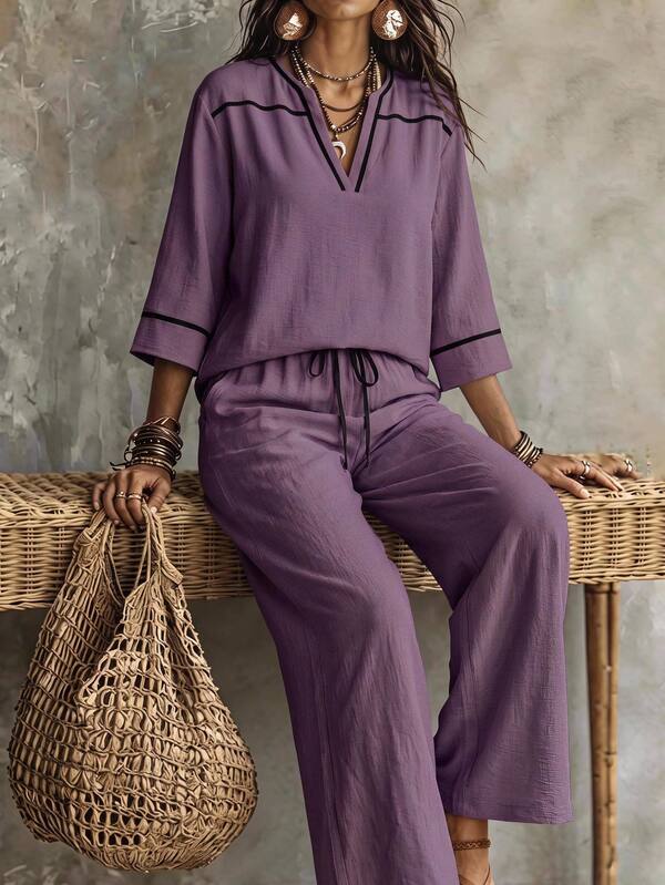 Linhara CURVE Plus Size Vacation Casual Shirt And Pants 2 Pieces Set