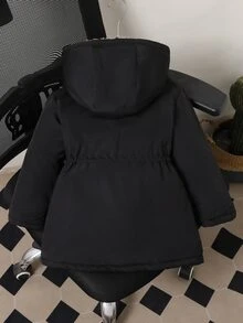 Elladie kids 女童黑色連帽厚填充派克大衣，冬季拉鍊收腰修身兒童抓絨外套，黑色連帽冬裝外套配豹紋仿羊羔絨內裡，可調節收腰，適合日常上學、通勤、戶外玩耍、短途旅行、假期、日常、校園活動 - 黑色 - 查看 3