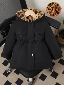 Elladie kids 女童黑色連帽厚填充派克大衣，冬季拉鍊收腰修身兒童抓絨外套，黑色連帽冬裝外套配豹紋仿羊羔絨內裡，可調節收腰，適合日常上學、通勤、戶外玩耍、短途旅行、假期、日常、校園活動 - 黑色 - 查看 6