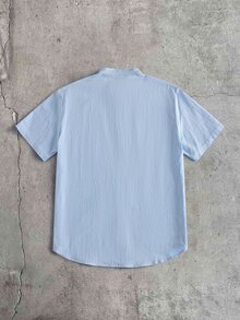 AXEPEAK 男士純棉短袖休閒透氣立領鈕扣襯衫 夏季海灘襯衫 淺藍色 - 藍色 - 查看 2