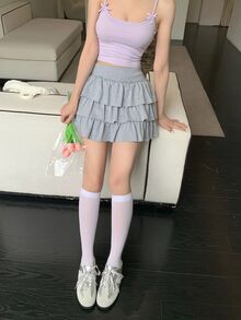 DAZY 女款休閒韓系荷葉邊下擺迷你裙，可愛學生風上衣 - 灰色 - 查看 5