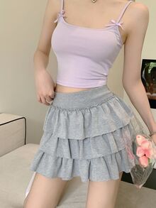 DAZY 女款休閒韓系荷葉邊下擺迷你裙，可愛學生風上衣 - 灰色 - 查看 2