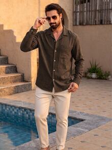 Manfinity Dauomo Men's Solid Color Casual Versatile Daily Wear Shirt - Coffee Brown - View 5
