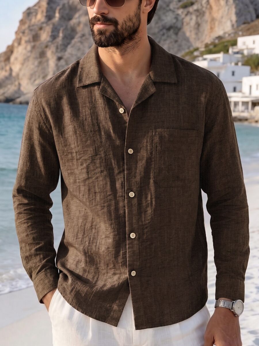 Manfinity Dauomo Men's Solid Color Casual Versatile Daily Wear Shirt - Coffee Brown - View 1
