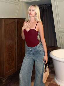 Theaadoraa Bodysuit Wanita Warna Polos Seksi Modis untuk Musim Panas - Burgundy - View 6