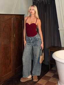Theaadoraa Bodysuit Wanita Warna Polos Seksi Modis untuk Musim Panas - Burgundy - View 5