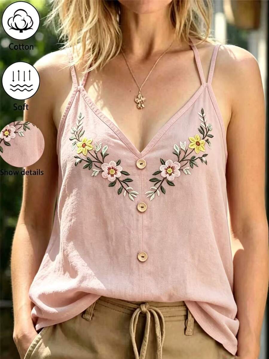 Balvessa 女款棉質刺繡V領鈕扣裝飾雙肩帶背心 - 淺粉色 - 查看 1