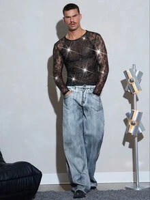 FeverCity 男士蕾絲拼接性感百搭長袖T恤 - 黑色 - 查看 3