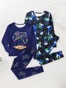 4pcs/Set Tween Boys' Graphic Game Controller PrintSnug Fit Casual Homewear Set, Black & Blue, Spring/Autumn - Multicolor - View 4