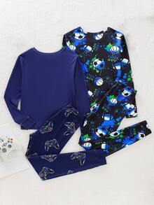 4pcs/Set Tween Boys' Graphic Game Controller PrintSnug Fit Casual Homewear Set, Black & Blue, Spring/Autumn - Multicolor - View 2