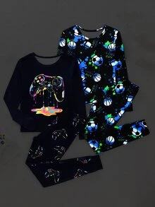 4pcs/Set Tween Boys' Graphic Game Controller PrintSnug Fit Casual Homewear Set, Black & Blue, Spring/Autumn - Multicolor - View 3