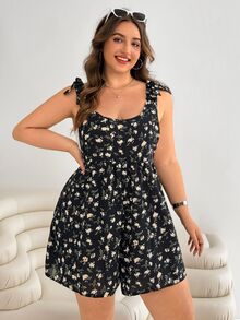 SHEIN EZwear 大码女式碎花印花系带蝴蝶结连体裤，夏季假日风格 - 黑色 - 查看 4