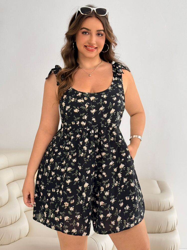 SHEIN EZwear Plus Size Women's Ditsy Floral Printed Tie-Bow Jumpsuit, Summer Holiday Style Valentine's Day Outfit - Black - View 6