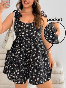 SHEIN EZwear 大码女式碎花印花系带蝴蝶结连体裤，夏季假日风格 - 黑色 - 查看 1