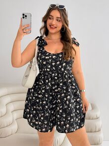 SHEIN EZwear 大码女式碎花印花系带蝴蝶结连体裤，夏季假日风格 - 黑色 - 查看 7