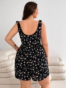 SHEIN EZwear 大码女式碎花印花系带蝴蝶结连体裤，夏季假日风格 - 黑色 - 查看 2