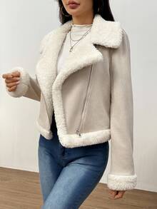 SHEIN EZwear 女士外套 泰迪熊衬里开襟绒面革机车夹克（秋冬） - 卡其色 - 查看 5