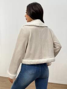 SHEIN EZwear 女士外套 泰迪熊衬里开襟绒面革机车夹克（秋冬） - 卡其色 - 查看 2